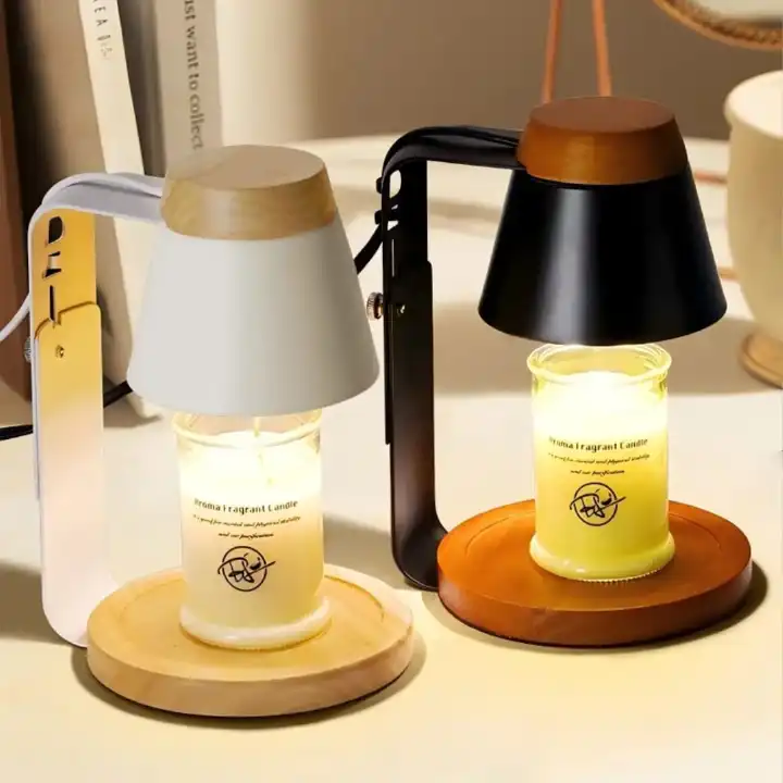 Nordic Dimmable Electric Candle Warmer Lamp featuring a sleek adjustable stand and a natural wood-accented base