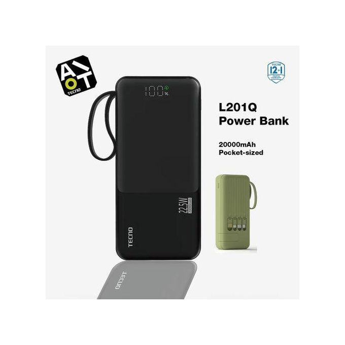 TECNO L201Q 20000mAh Power Bank 22.5W Fast Charging Built-in Cables LED Display Phone Stand USB-A Type-C Portable Charger