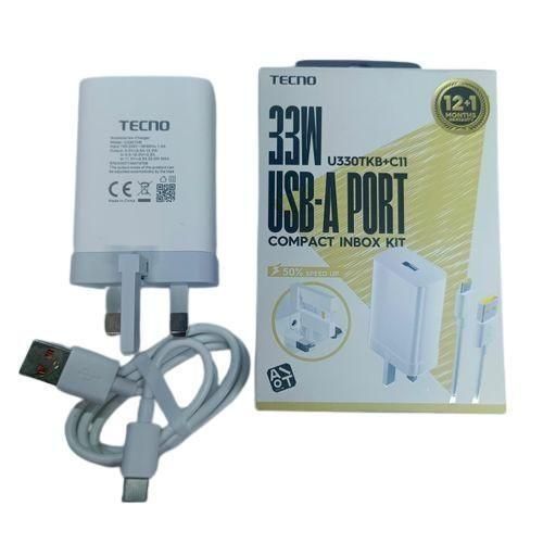Tecno U330TKB+C11 33W Fast Charger U330TKB Type C Charger with Type-C Cable USB-A Super Fast Charging Adapter for Tecno Infinix itel Android Phones