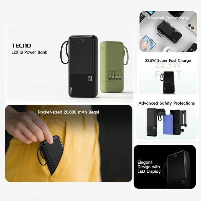 TECNO L201Q 20000mAh Power Bank 22.5W Fast Charging Built-in Cables LED Display Phone Stand USB-A Type-C Portable Charger