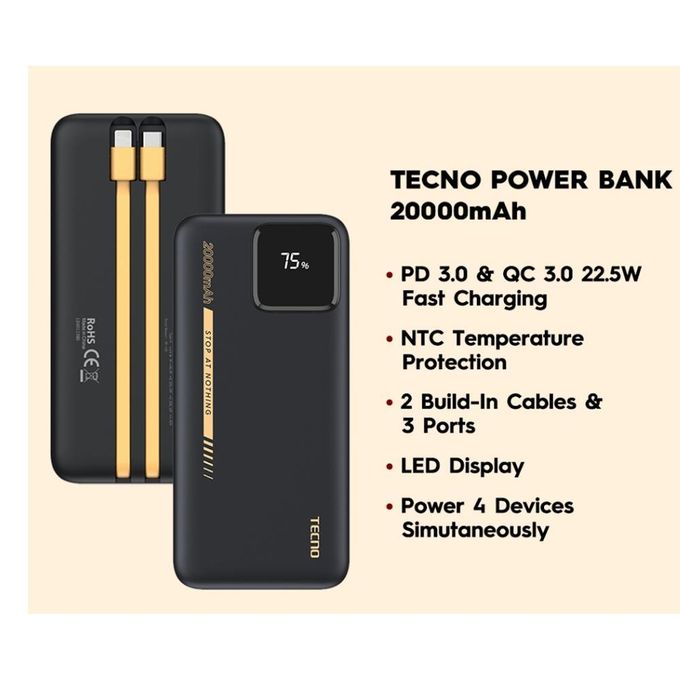 TECNO TPB-P204Q 20000mAh Power Bank 22.5W Fast Charging LED Display Built-in Type-C & Lightning Cables 3 Output Ports Portable Charger