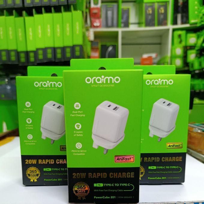 Oraimo PowerCube 201 OCW-5203UCC 20W Dual Port Fast Charger Type C Charger with Type C to Type C Cable PD Rapid Charging Adapter
