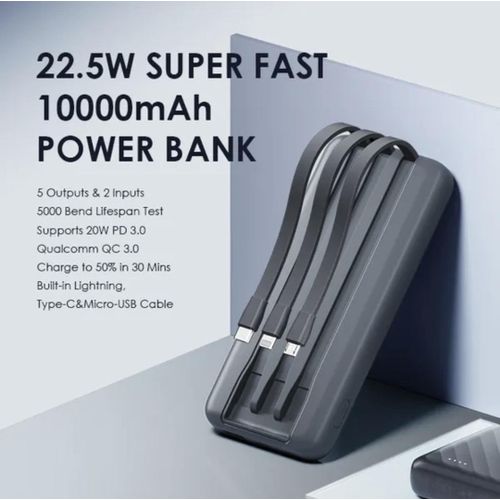 Super Oraimo Portable 10000mAh Power Bank, 12W Fast Charging, 3-in-1 Built-In Cables (Lightning, Type-C & Micro USB), Compact Universal Portable Charger.