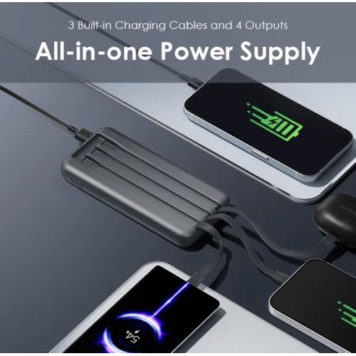 Super Oraimo Portable 10000mAh Power Bank, 12W Fast Charging, 3-in-1 Built-In Cables (Lightning, Type-C & Micro USB), Compact Universal Portable Charger.