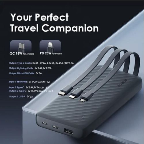 Super Oraimo Portable 10000mAh Power Bank, 12W Fast Charging, 3-in-1 Built-In Cables (Lightning, Type-C & Micro USB), Compact Universal Portable Charger.