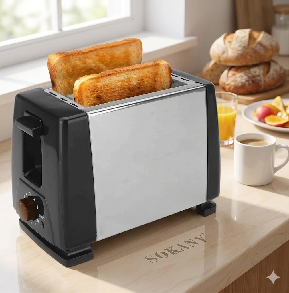 SOKANY 2-Slice Pop-Up Bread Toaster – Stainless Steel Electric Toaster with 6 Browning Levels