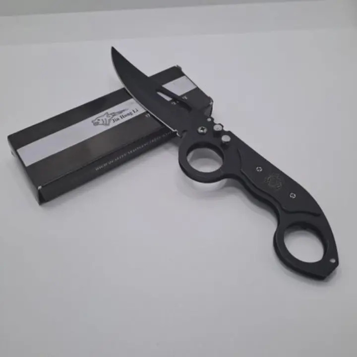 Tactical Dual-Finger Ring Folding Knife – Black Stainless Steel EDC Pocket Knife