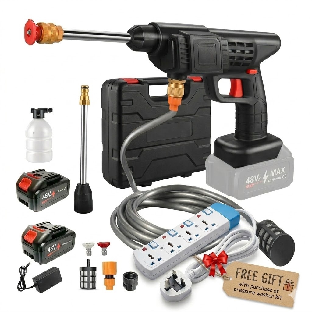 Portable Cordless Car Washer High Pressure Water Gun – Rechargeable Battery Electric Pressure Washer for Car & Home with [FREE GIFT INCLUDED]: 1 x Multi-Socket Surge Protector Extension Lead.