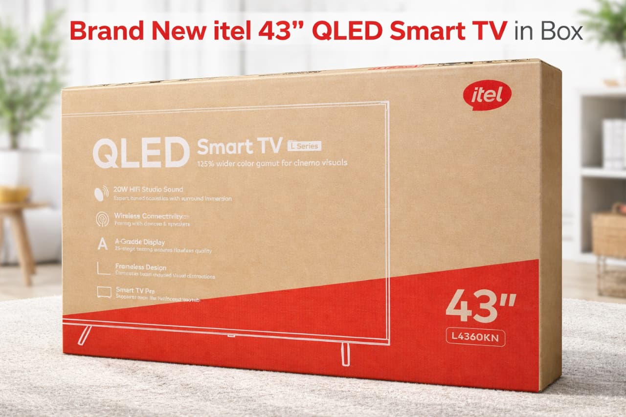Itel 43 Inch QLED Smart TV Full HD Android TV, WiFi, Bluetooth, Frameless Display, Netflix, YouTube, Prime Video, Built-in Decoder, HDR Picture Quality, Energy Saving Television