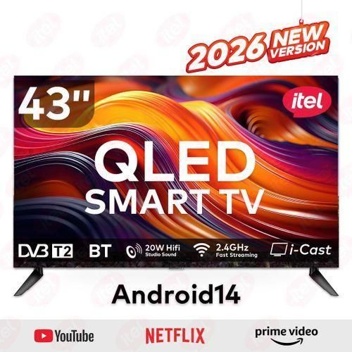 Itel 43 Inch QLED Smart TV Full HD Android TV, WiFi, Bluetooth, Frameless Display, Netflix, YouTube, Prime Video, Built-in Decoder, HDR Picture Quality, Energy Saving Television