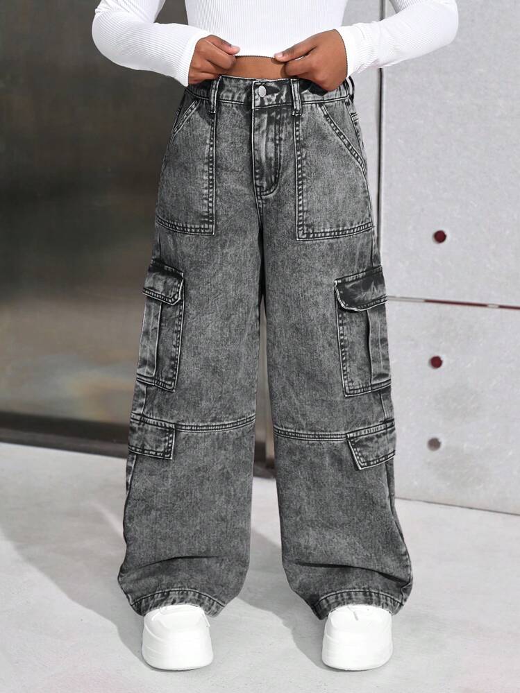 👖💙 Girls Original Mummy Cargo Jeans – Ages 7–14 Years ✨ Trendy High Waist Denim Pants 🔥 Comfortable Kids Streetwear