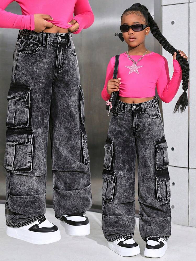 👖💙 Girls Original Mummy Cargo Jeans – Ages 7–14 Years ✨ Trendy High Waist Denim Pants 🔥 Comfortable Kids Streetwear