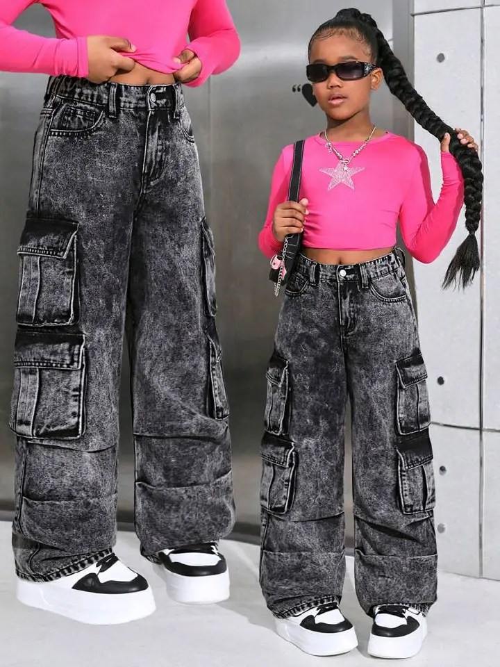👖💙 Girls Original Mummy Cargo Jeans – Ages 7–14 Years ✨ Trendy High Waist Denim Pants 🔥 Comfortable Kids Streetwear