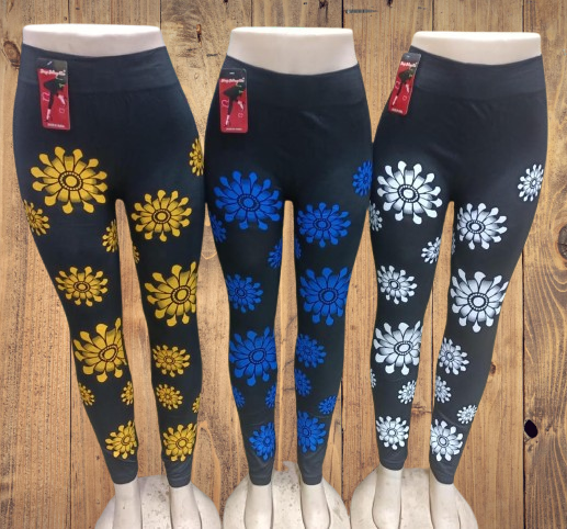 🌼 LATEST ARRIVAL! Women's High-Waist Floral Print Stretch Leggings – Soft Casual Tights with Yellow, Blue & White Sunburst Pattern