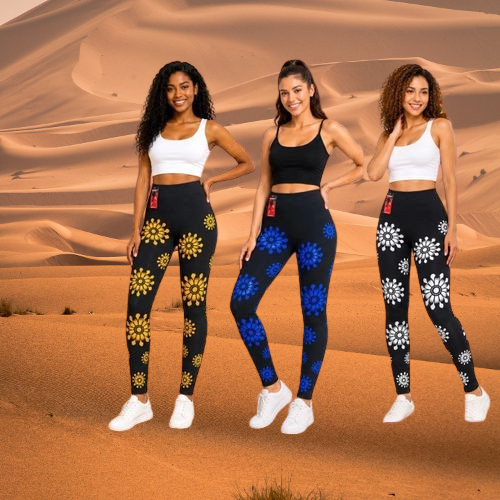 🌼 LATEST ARRIVAL! Women's High-Waist Floral Print Stretch Leggings – Soft Casual Tights with Yellow, Blue & White Sunburst Pattern