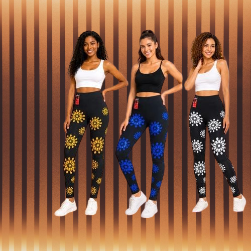 🌼 LATEST ARRIVAL! Women's High-Waist Floral Print Stretch Leggings – Soft Casual Tights with Yellow, Blue & White Sunburst Pattern