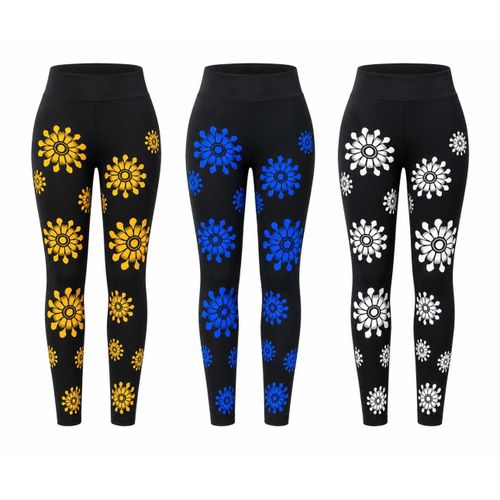🌼 LATEST ARRIVAL! Women's High-Waist Floral Print Stretch Leggings – Soft Casual Tights with Yellow, Blue & White Sunburst Pattern