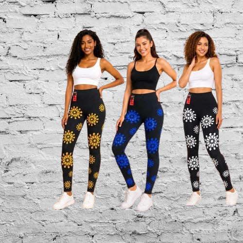 🌼 LATEST ARRIVAL! Women's High-Waist Floral Print Stretch Leggings – Soft Casual Tights with Yellow, Blue & White Sunburst Pattern