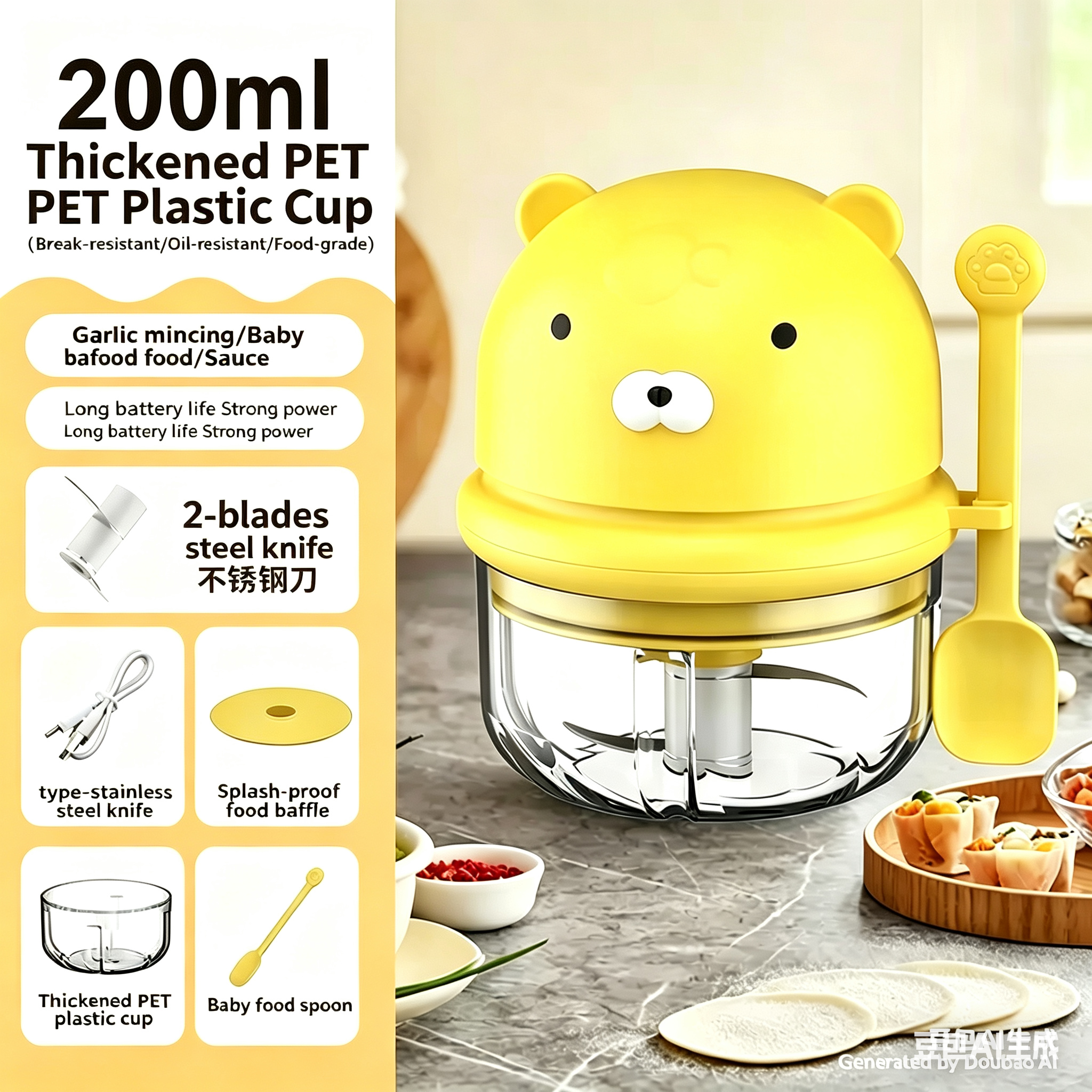 Cute electric garlic press, mini wireless garlic masher, baby food processor, garlic paste maker, blender, chopper 350ml