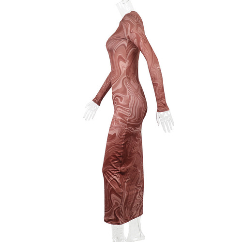 Women's Printed Bodycon Maxi Dress Long Sleeve  Round Neck Party Cocktail Elegant Outfits