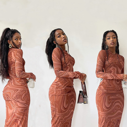 Women's Printed Bodycon Maxi Dress Long Sleeve  Round Neck Party Cocktail Elegant Outfits