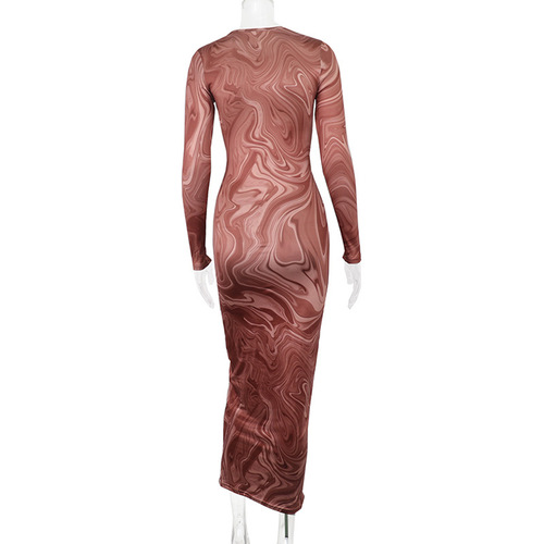 Women's Printed Bodycon Maxi Dress Long Sleeve  Round Neck Party Cocktail Elegant Outfits