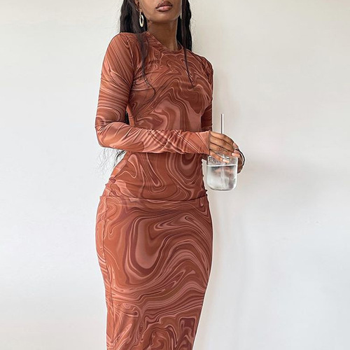 Women's Printed Bodycon Maxi Dress Long Sleeve  Round Neck Party Cocktail Elegant Outfits