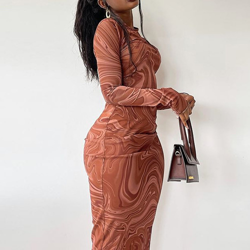 Women's Printed Bodycon Maxi Dress Long Sleeve  Round Neck Party Cocktail Elegant Outfits
