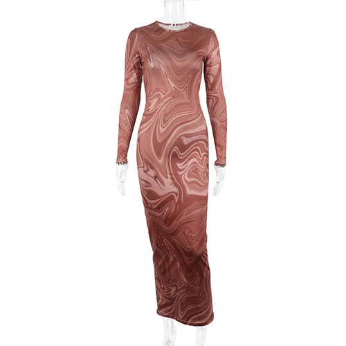 Women's Printed Bodycon Maxi Dress Long Sleeve  Round Neck Party Cocktail Elegant Outfits