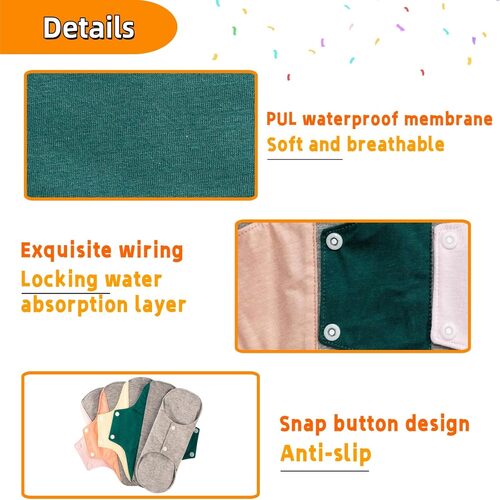 Reusable Washable Sanitary Pads, Organic Cotton Liners, Soft and Breathable, Leak-Proof Lining