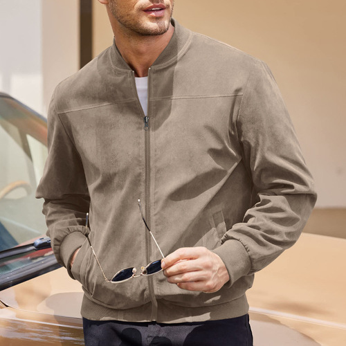 Men's Lightweight Suede Bomber Jackets Casual Varsity Jacket Vintage Faux Leather Jackets
