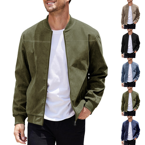 Men's Lightweight Suede Bomber Jackets Casual Varsity Jacket Vintage Faux Leather Jackets