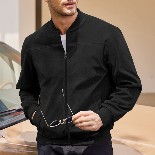 Men's Lightweight Suede Bomber Jackets Casual Varsity Jacket Vintage Faux Leather Jackets