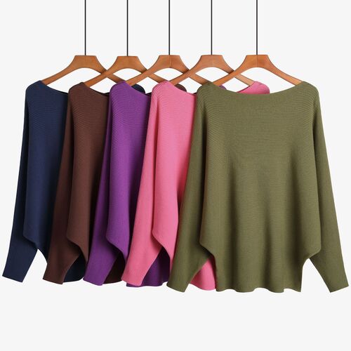 Boat Neck Batwing Sleeves Dolman Knitted Sweaters and Pullovers Tops for Women