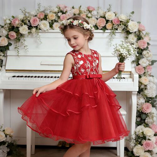 Girl Pageant Embroidery Tulle Dress for Kids Wedding Bridesmaid Birthday Party Formal Princess Gown
