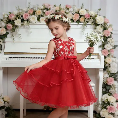 Girl Pageant Embroidery Tulle Dress for Kids Wedding Bridesmaid Birthday Party Formal Princess Gown