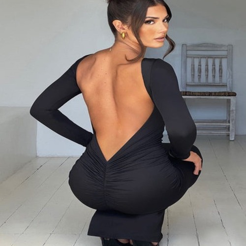 Women Bodycon Maxi Dress Long Sleeve Backless Ruched Party Cocktail Formal Wedding Guest Dresses Evening Gown