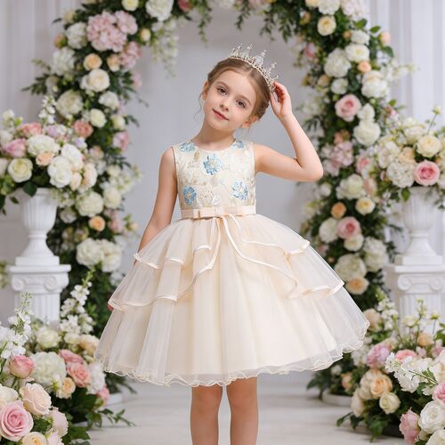 Girl Pageant Embroidery Tulle Dress for Kids Wedding Bridesmaid Birthday Party Formal Princess Gown