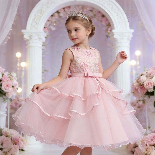 Girl Pageant Embroidery Tulle Dress for Kids Wedding Bridesmaid Birthday Party Formal Princess Gown