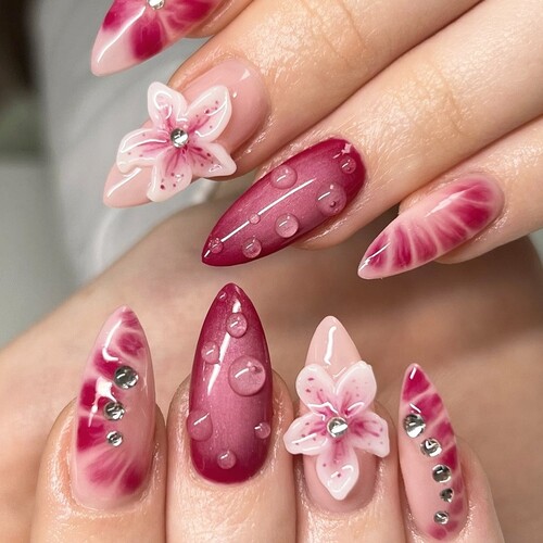 Salon Press On Nails - 3D Almond Handmade Unique French Fake Nails, Reusable Gel Cured Durable Stick On Nail For Women