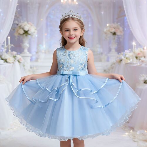 Girl Pageant Embroidery Tulle Dress for Kids Wedding Bridesmaid Birthday Party Formal Princess Gown