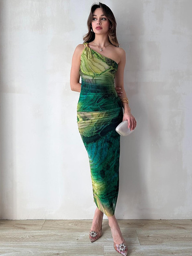 Women's 2026 Summer One Shoulder Maxi Dress Wedding Guest Ruched Bodycon Long Cocktail Dresses