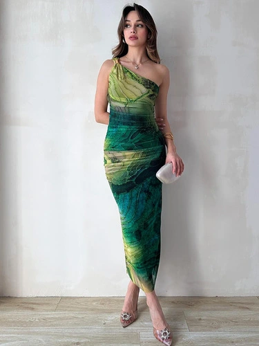Women's 2026 Summer One Shoulder Maxi Dress Wedding Guest Ruched Bodycon Long Cocktail Dresses