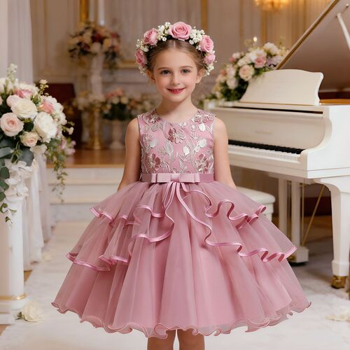 Girl Pageant Embroidery Tulle Dress for Kids Wedding Bridesmaid Birthday Party Formal Princess Gown