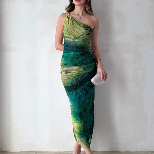 Women's 2026 Summer One Shoulder Maxi Dress Wedding Guest Ruched Bodycon Long Cocktail Dresses