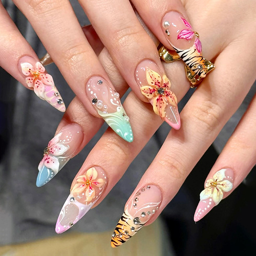 3D Press on False Nails  - Medium French Tip Fake Nails, Glossy Acrylic Nails Full Cover Floral Glue on Nails for Women Manicure 24Pcs view 3