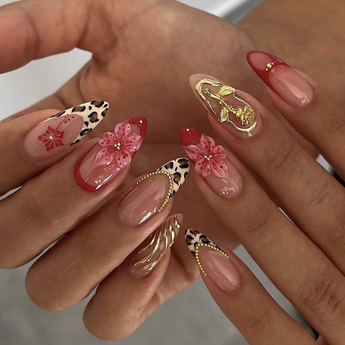 3D Press on False Nails  - Medium French Tip Fake Nails, Glossy Acrylic Nails Full Cover Floral Glue on Nails for Women Manicure 24Pcs