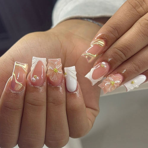 Square Press on Nails Medium - White French Tip Fake Nails with 3D Flower Wave Design- Elegant Full Cover Stick on False Nails for Women - 24 Pcs