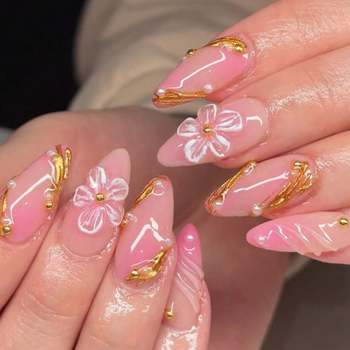 3D Press on False Nails  - Medium French Tip Fake Nails, Glossy Acrylic Nails Full Cover Floral Glue on Nails for Women Manicure 24Pcs view 6