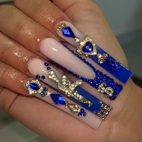 Press on Nails Long Square Fake Nails French Tip Glue on Nail with Designs Nails Charm and Rhinestones False Acrylic Nails Full Cover Stick on Nail for Women Nail Decorations
